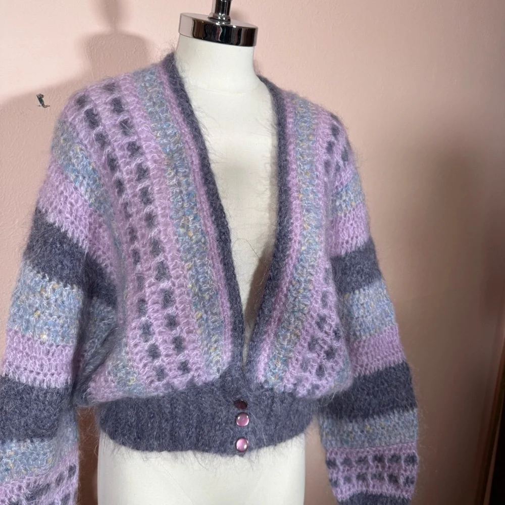 Mohair wool grandmacore Lavender Grey Crochet Ireland Cardigan Sweater - Picture 13 of 16